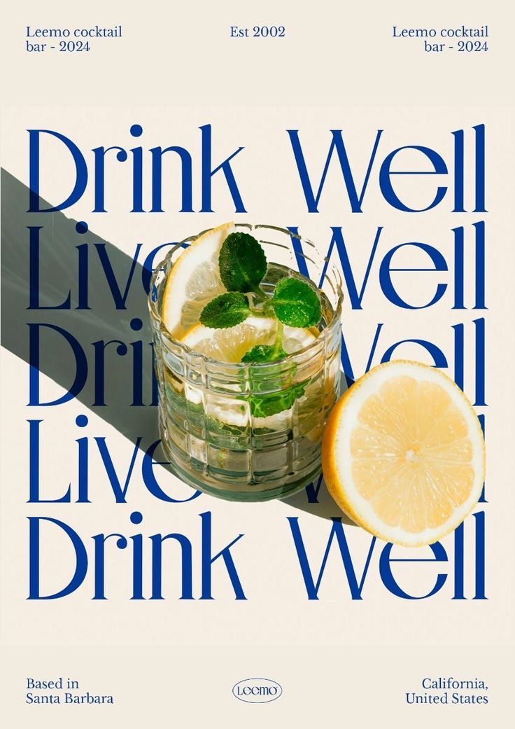 Poster: Cut-glass cocktail with lemon and mint over repeated typography