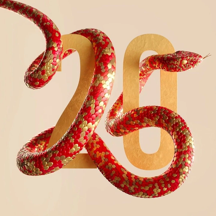 Lunar New Year creative ad: 3D red-and-gold scaled snake coiled through gold foil numerals