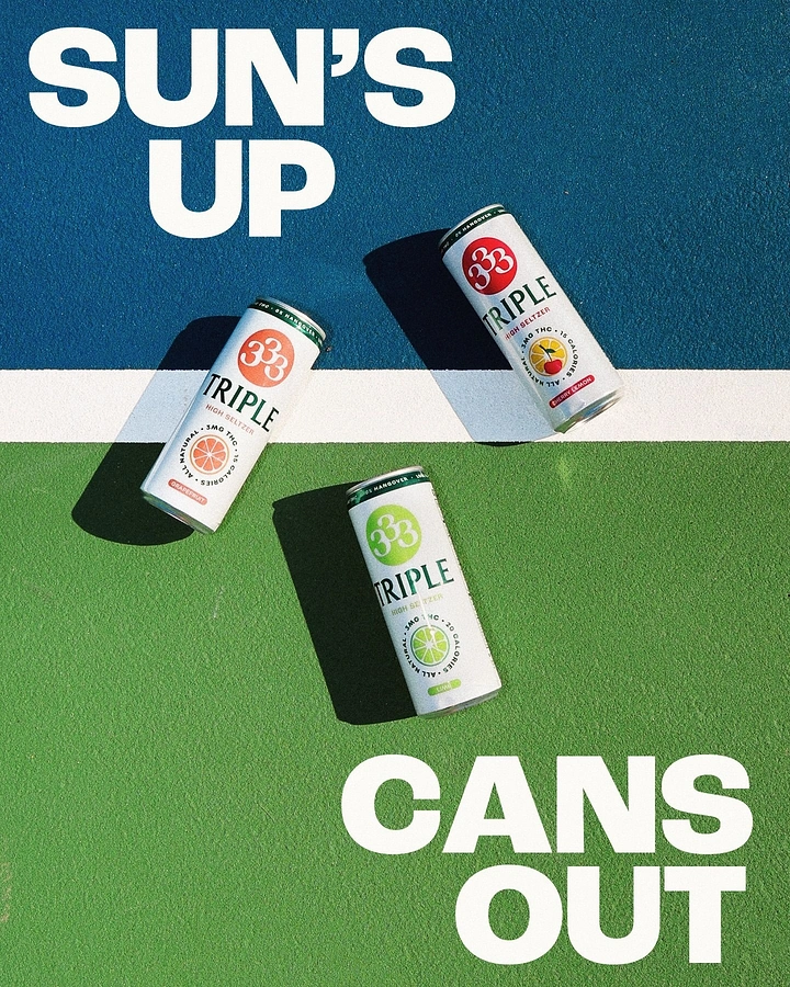 Beer, Wine & Spirits creative ad: Three seltzer cans lying on a tennis court