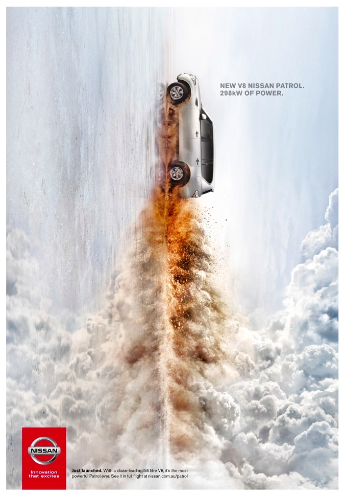 Automotive creative ad: SUV driving vertically upward like a rocket, with a dust plume over clouds
