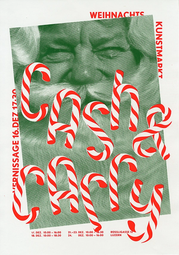 Events & Nightlife creative ad: Candy-cane letterforms over a green halftone close-up of a laughing old man's face