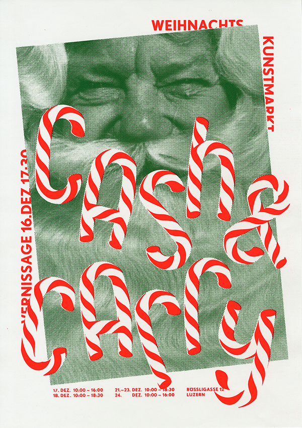 Candy-cane letterforms over a green halftone close-up of a laughing old man's face