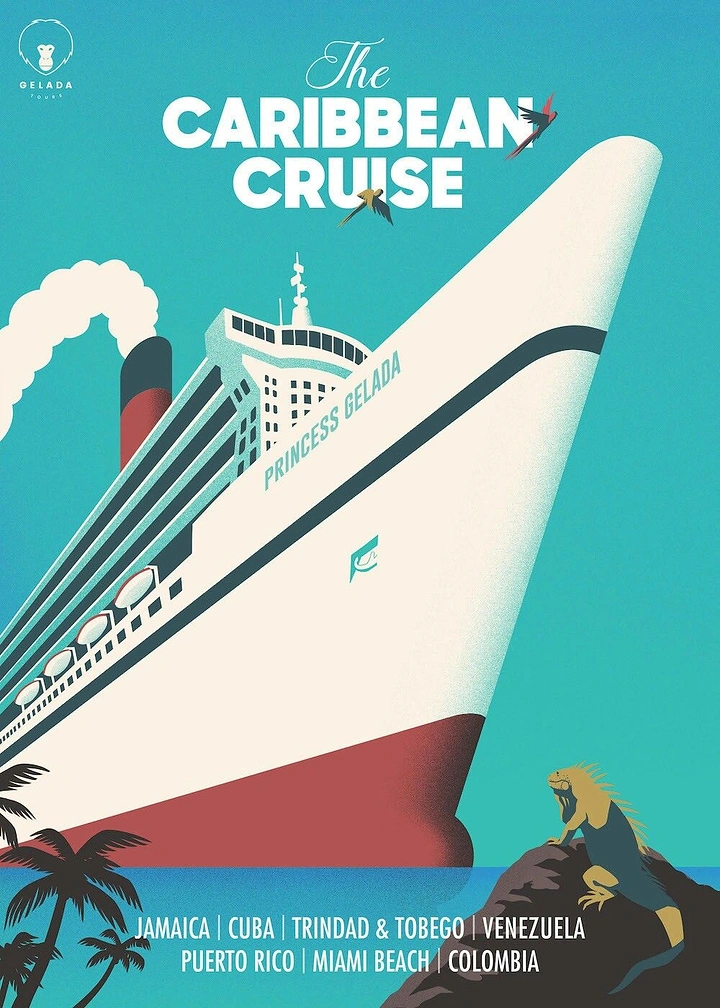 Cruises & Cruise Lines creative ad: Illustrated ship creates tropical composition