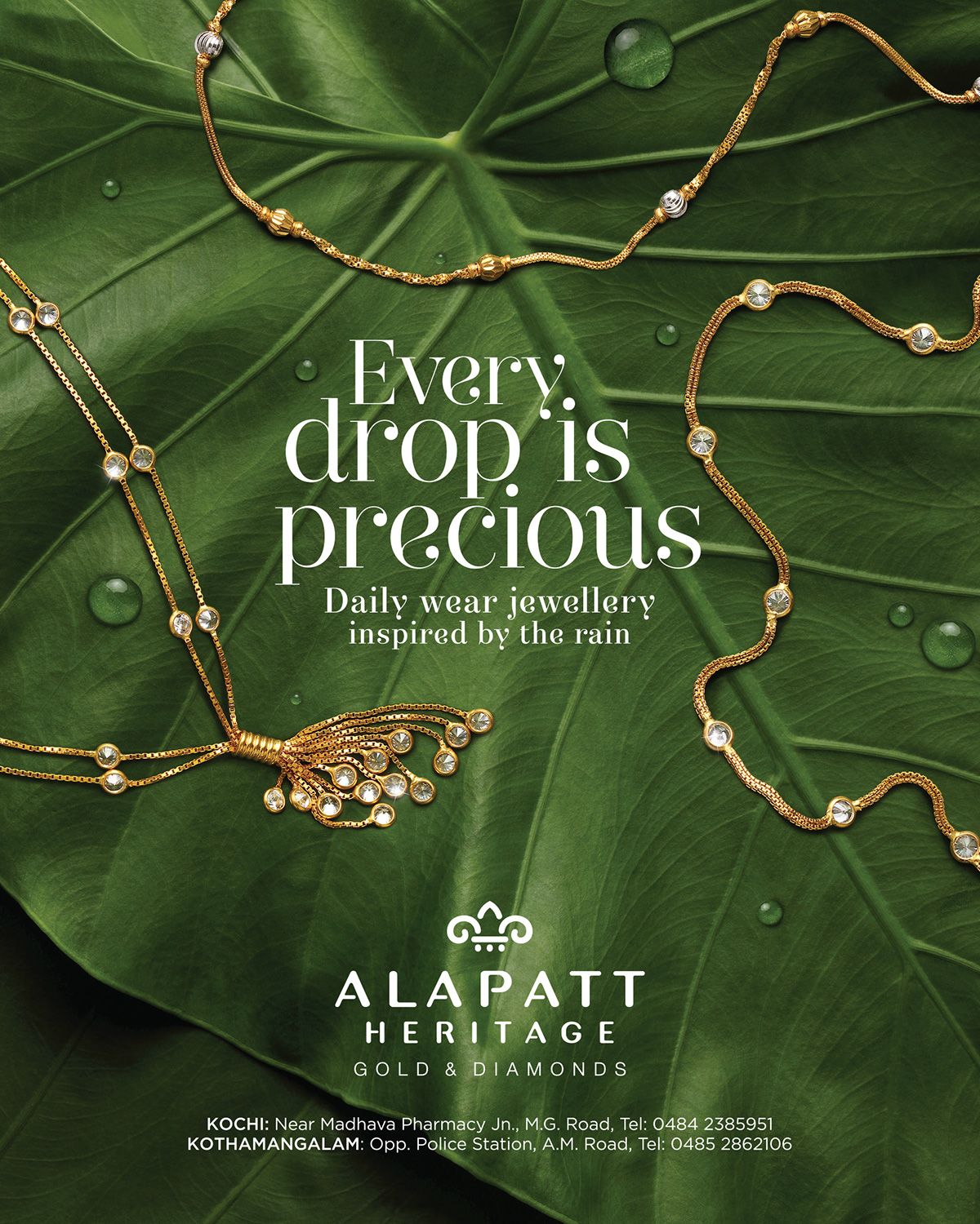 Instagram post: Gold chains draped across a dew-covered green leaf