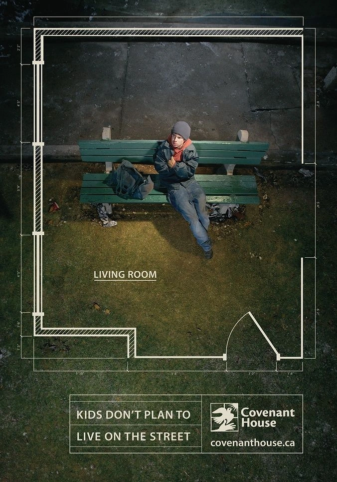 Creative ad: Homeless youth on a park bench framed by a blueprint floor plan
