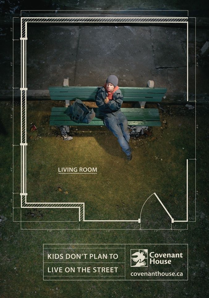 Poster: Homeless youth on a park bench framed by a blueprint floor plan