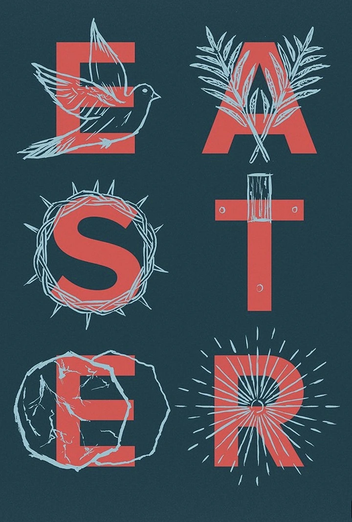 Easter creative ad: Letters of EASTER overlaid with hand-drawn Christian symbols