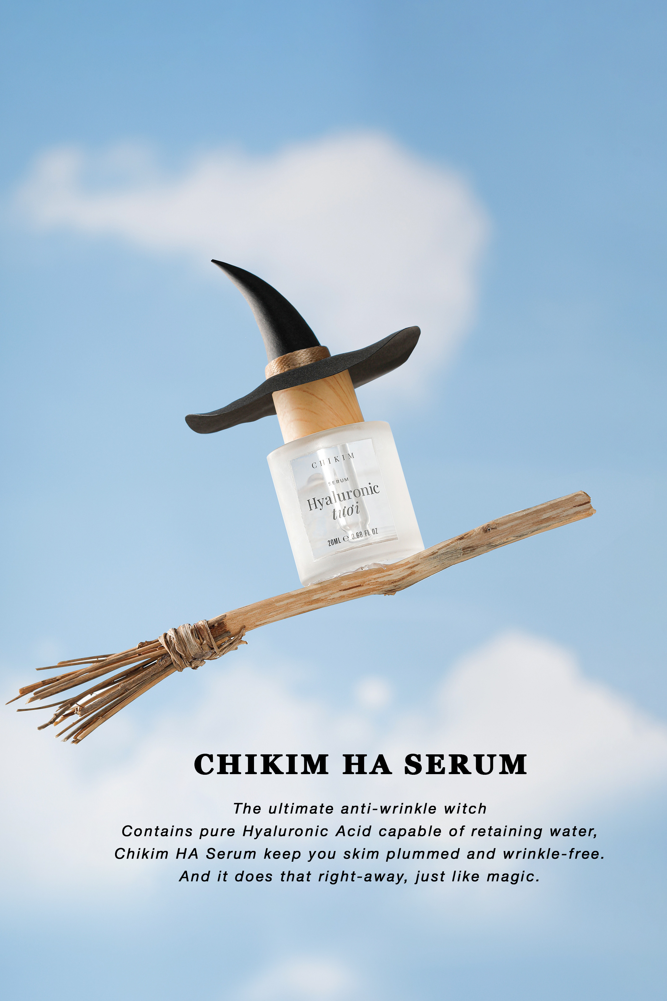 Serum bottle in a witch hat riding a twig broomstick through the sky