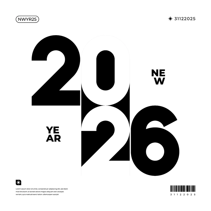 New Year creative ad: Oversized black 2026 numerals with a black-and-white inverted centre column