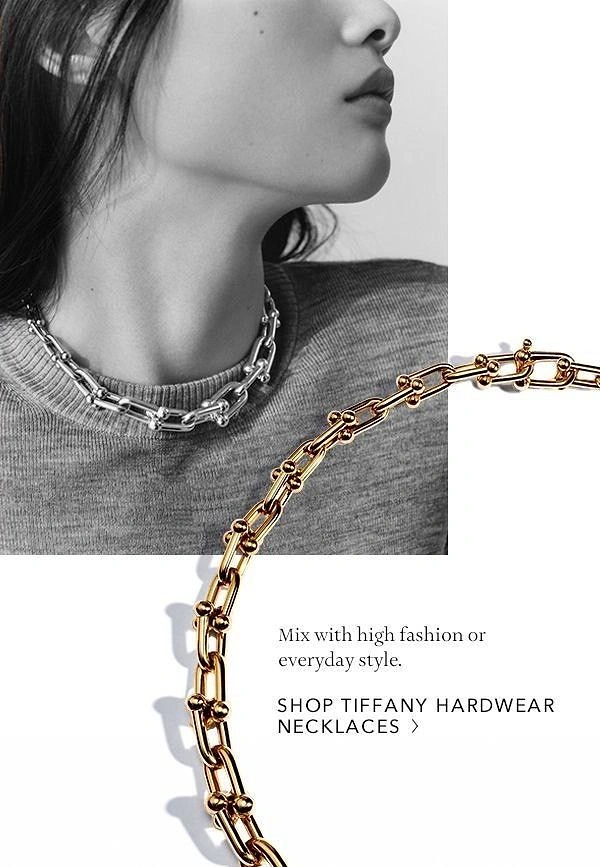Creative ad: Silver link necklace on a B&W model and an oversized gold chain cutout