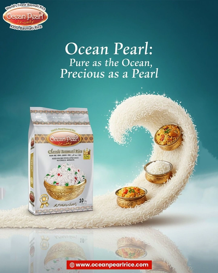 Rice, Atta & Flour Brands creative ad: Basmati pack beside a curling wave of rice grains holding brass bowls