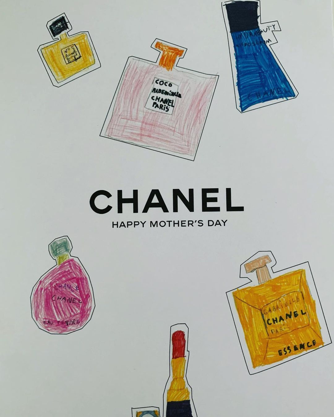 Children's crayon drawings of perfume bottles scattered around a centred logo