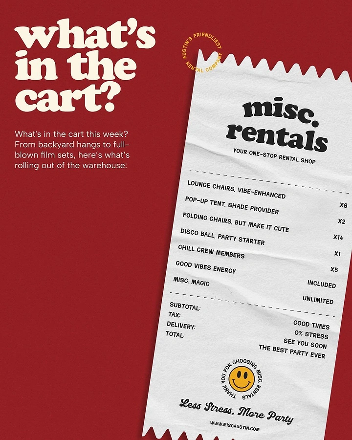 Events & Nightlife creative ad: Oversized crumpled shop receipt listing party rentals