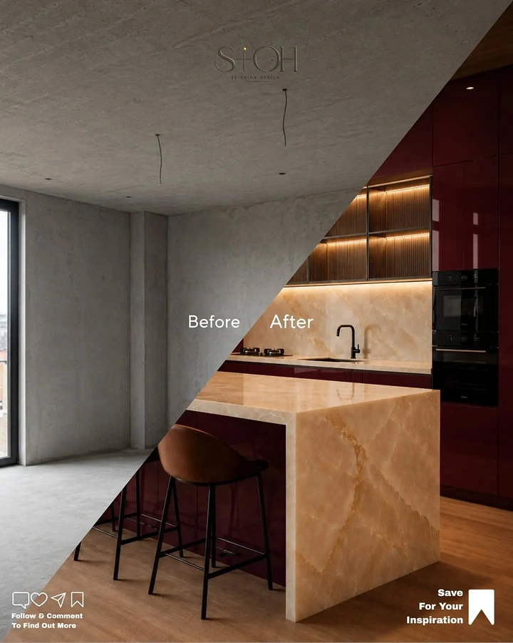 Modular Kitchens creative ad: Raw concrete room turned into a luxury burgundy and onyx kitchen
