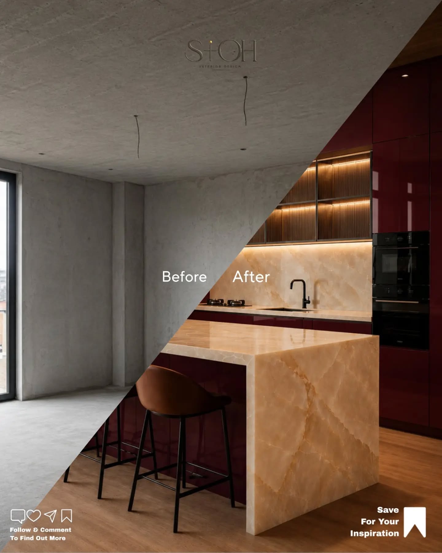 Carousel: Raw concrete room turned into a luxury burgundy and onyx kitchen, slide 1
