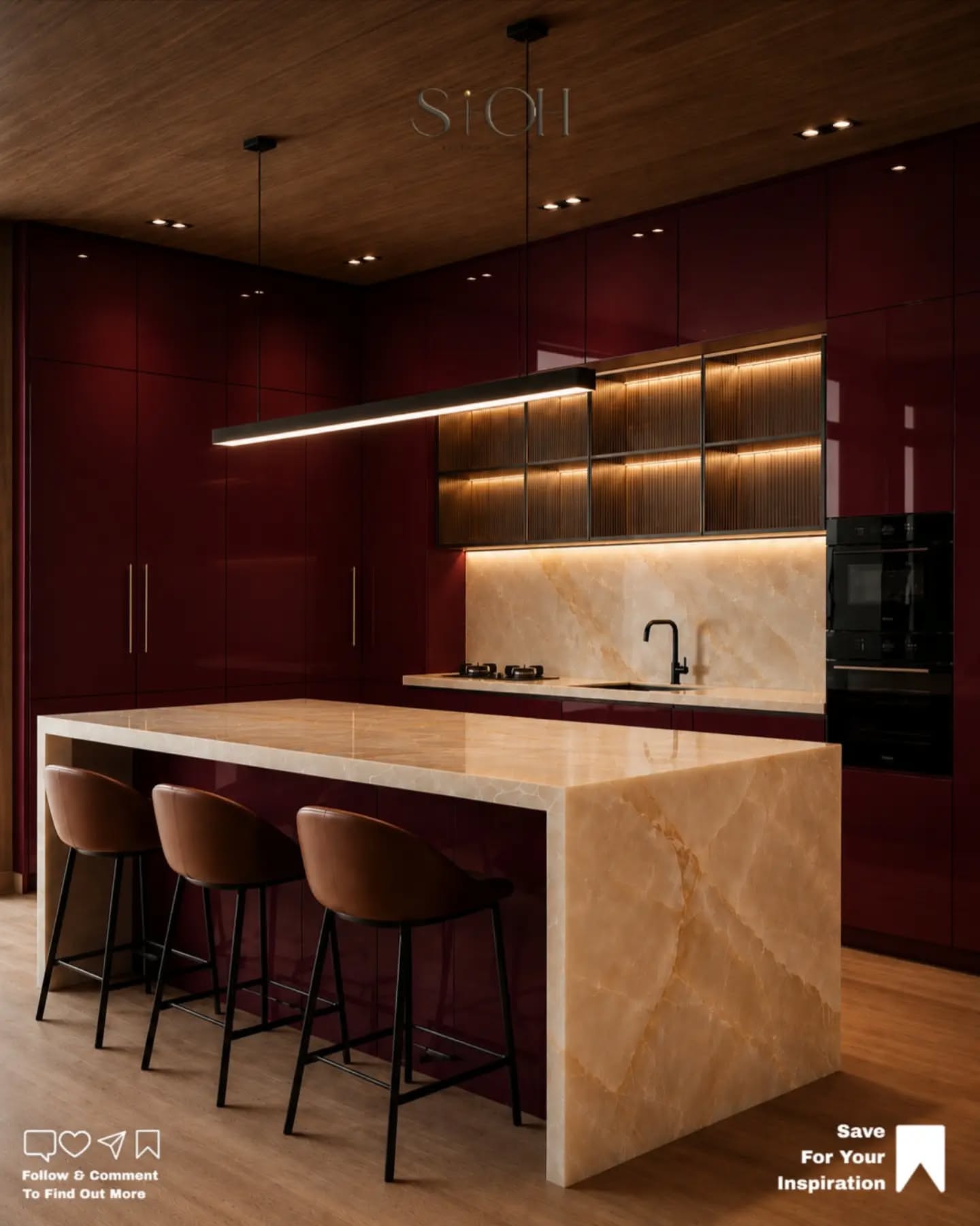 Carousel: Raw concrete room turned into a luxury burgundy and onyx kitchen, slide 2