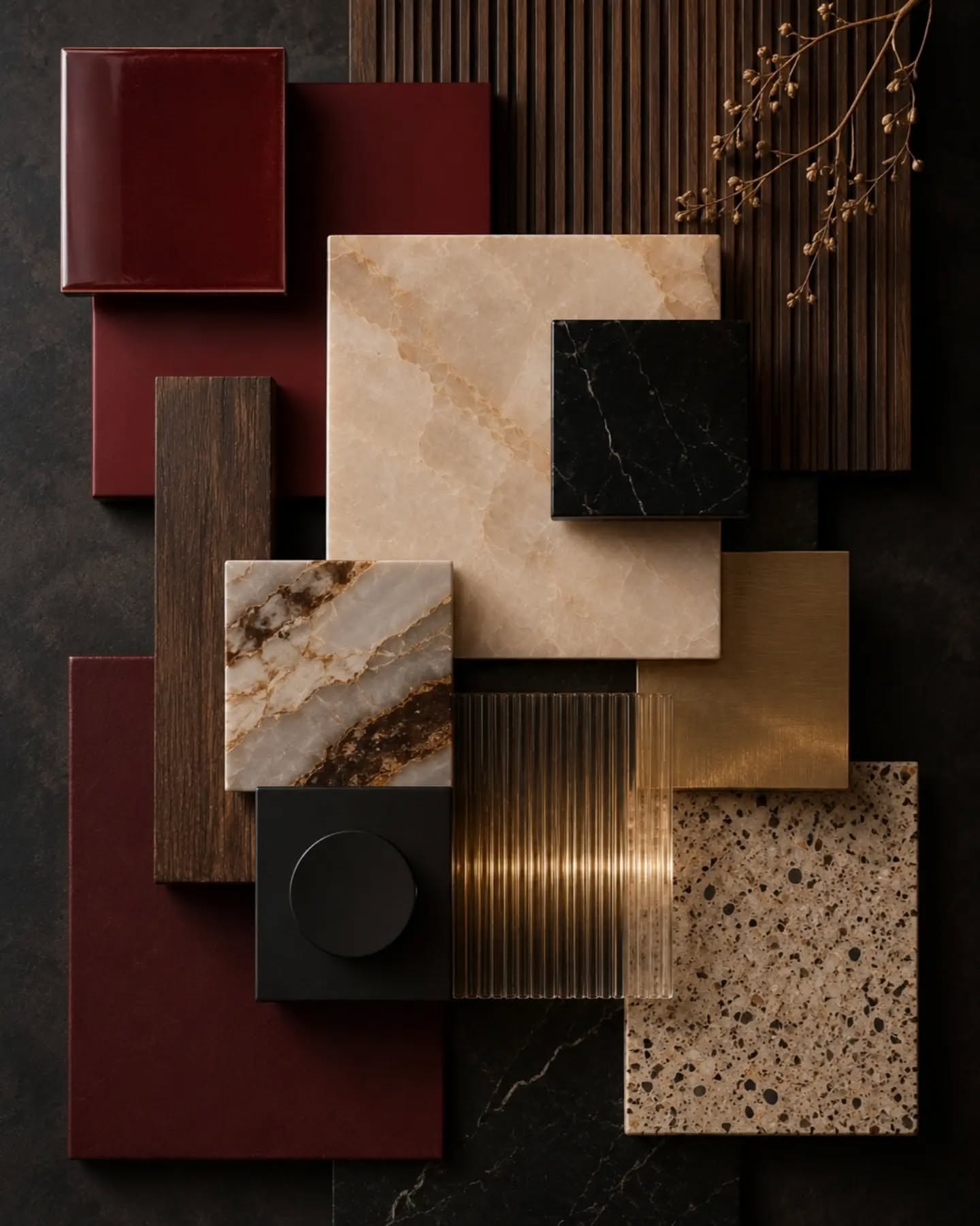 Carousel: Raw concrete room turned into a luxury burgundy and onyx kitchen, slide 3
