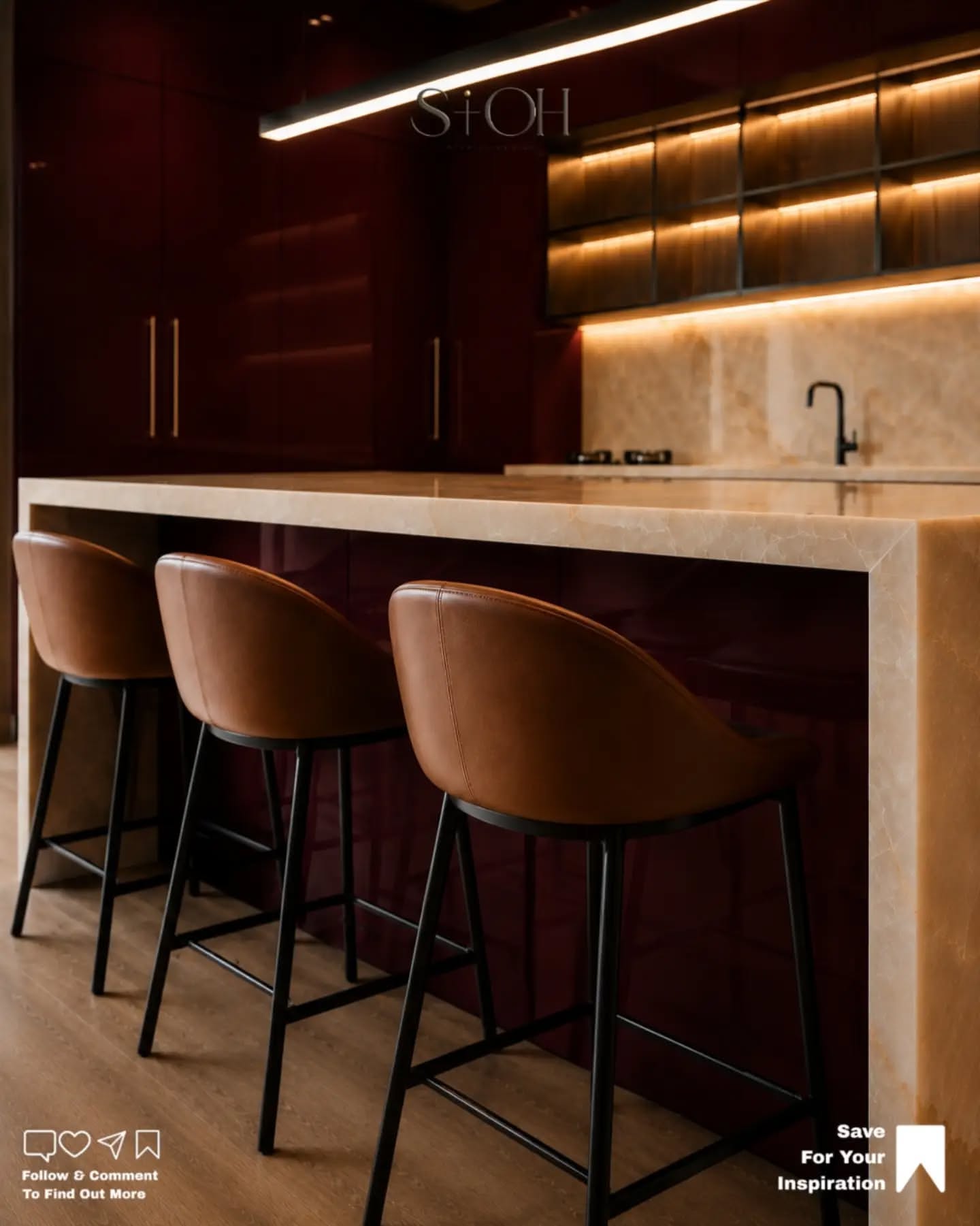 Carousel: Raw concrete room turned into a luxury burgundy and onyx kitchen, slide 5