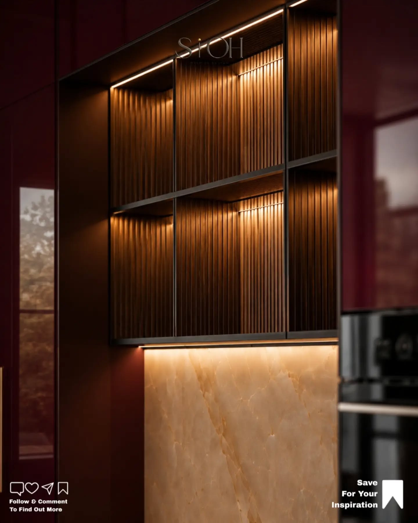 Carousel: Raw concrete room turned into a luxury burgundy and onyx kitchen, slide 6