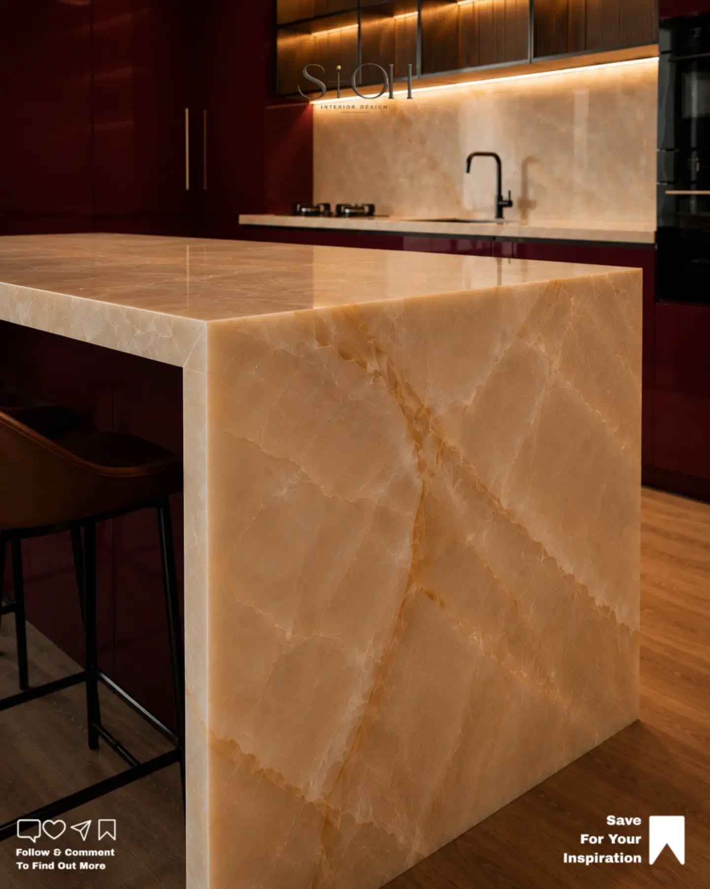 Carousel: Raw concrete room turned into a luxury burgundy and onyx kitchen, slide 7