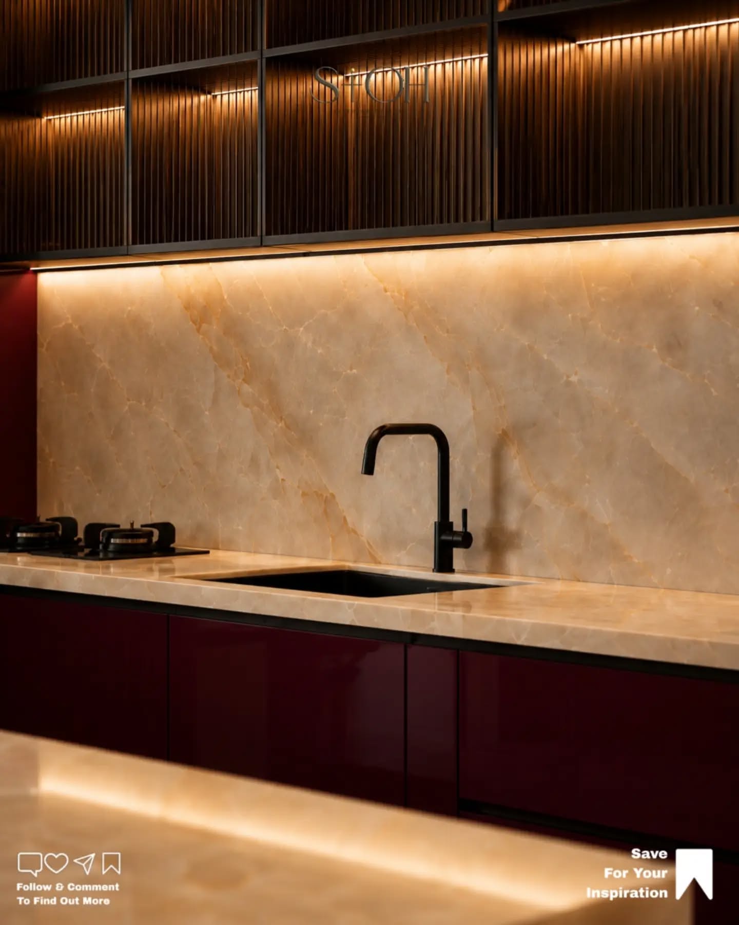 Carousel: Raw concrete room turned into a luxury burgundy and onyx kitchen, slide 9