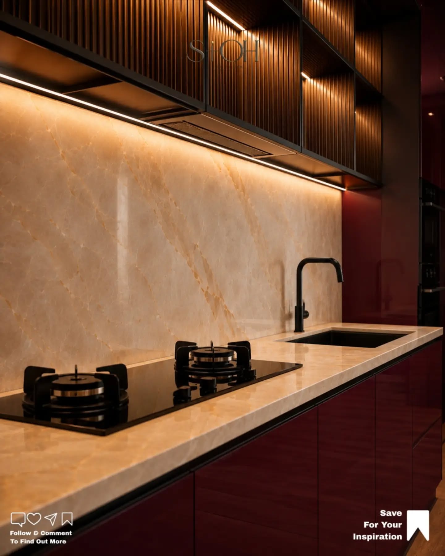 Carousel: Raw concrete room turned into a luxury burgundy and onyx kitchen, slide 10