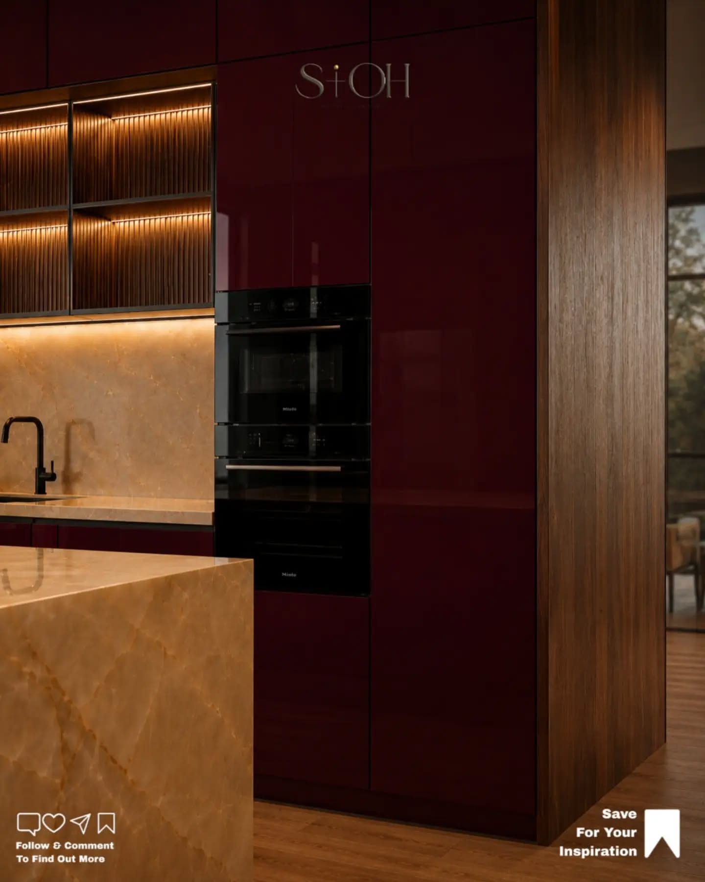 Carousel: Raw concrete room turned into a luxury burgundy and onyx kitchen, slide 11