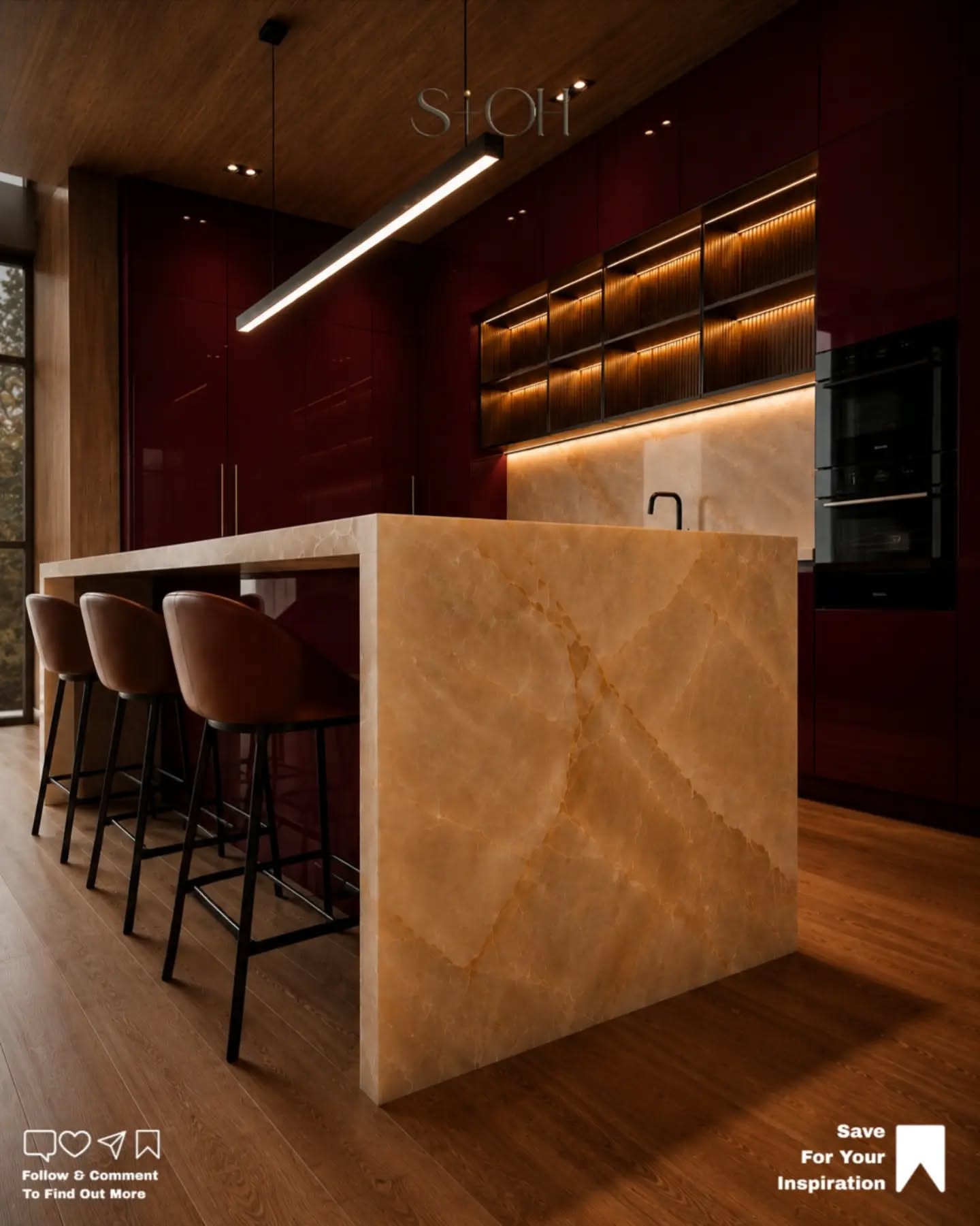 Carousel: Raw concrete room turned into a luxury burgundy and onyx kitchen, slide 12