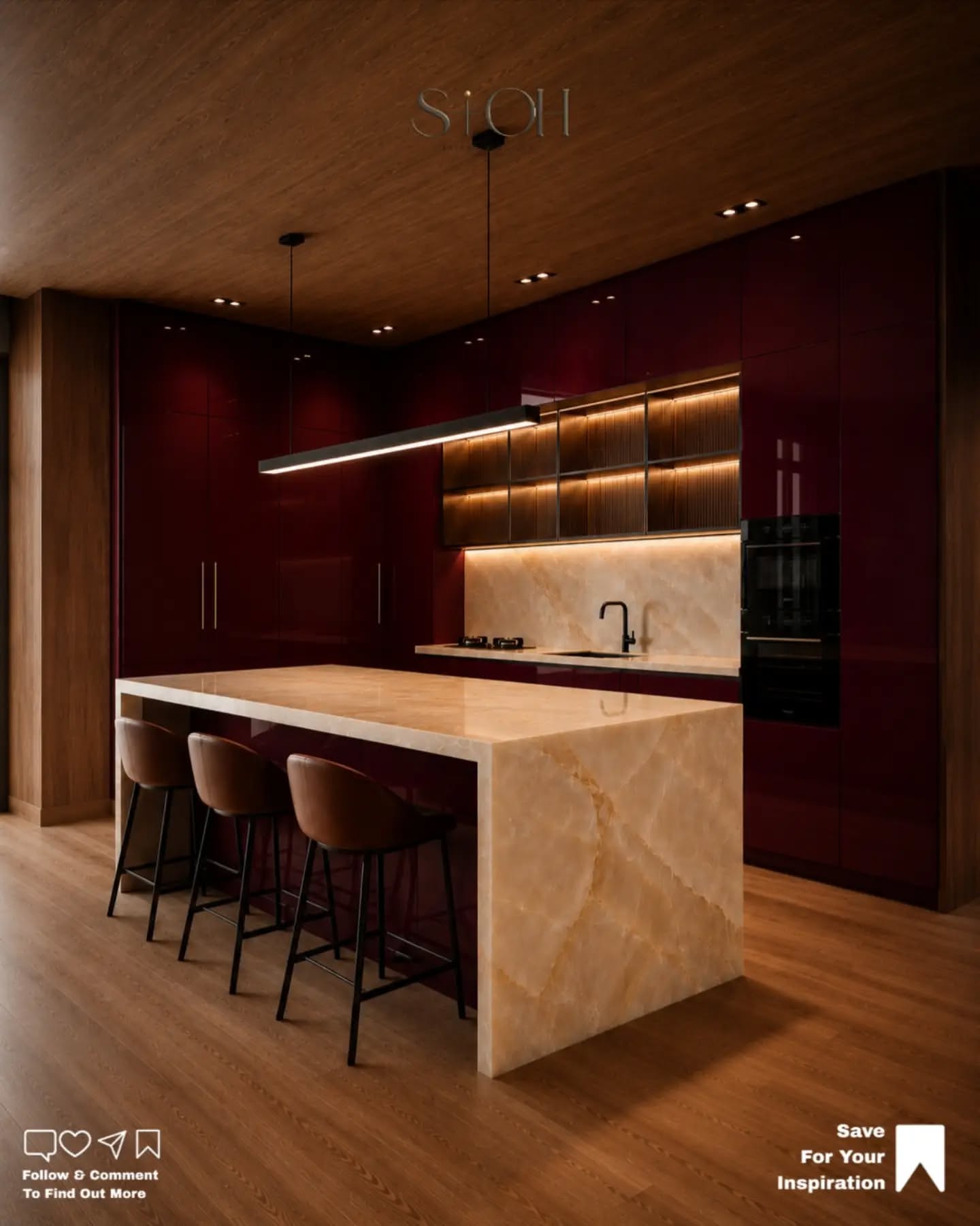 Carousel: Raw concrete room turned into a luxury burgundy and onyx kitchen, slide 13