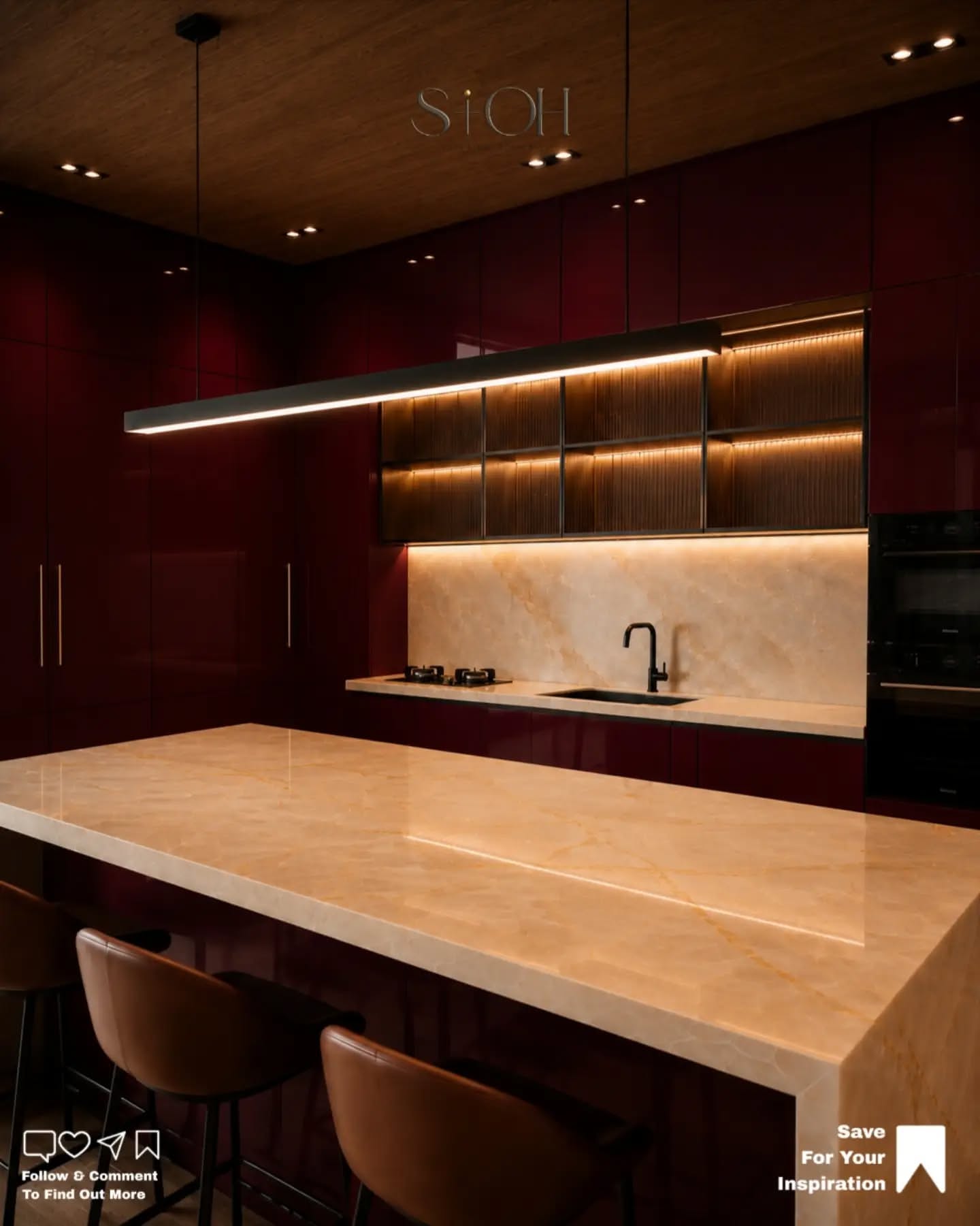 Carousel: Raw concrete room turned into a luxury burgundy and onyx kitchen, slide 14