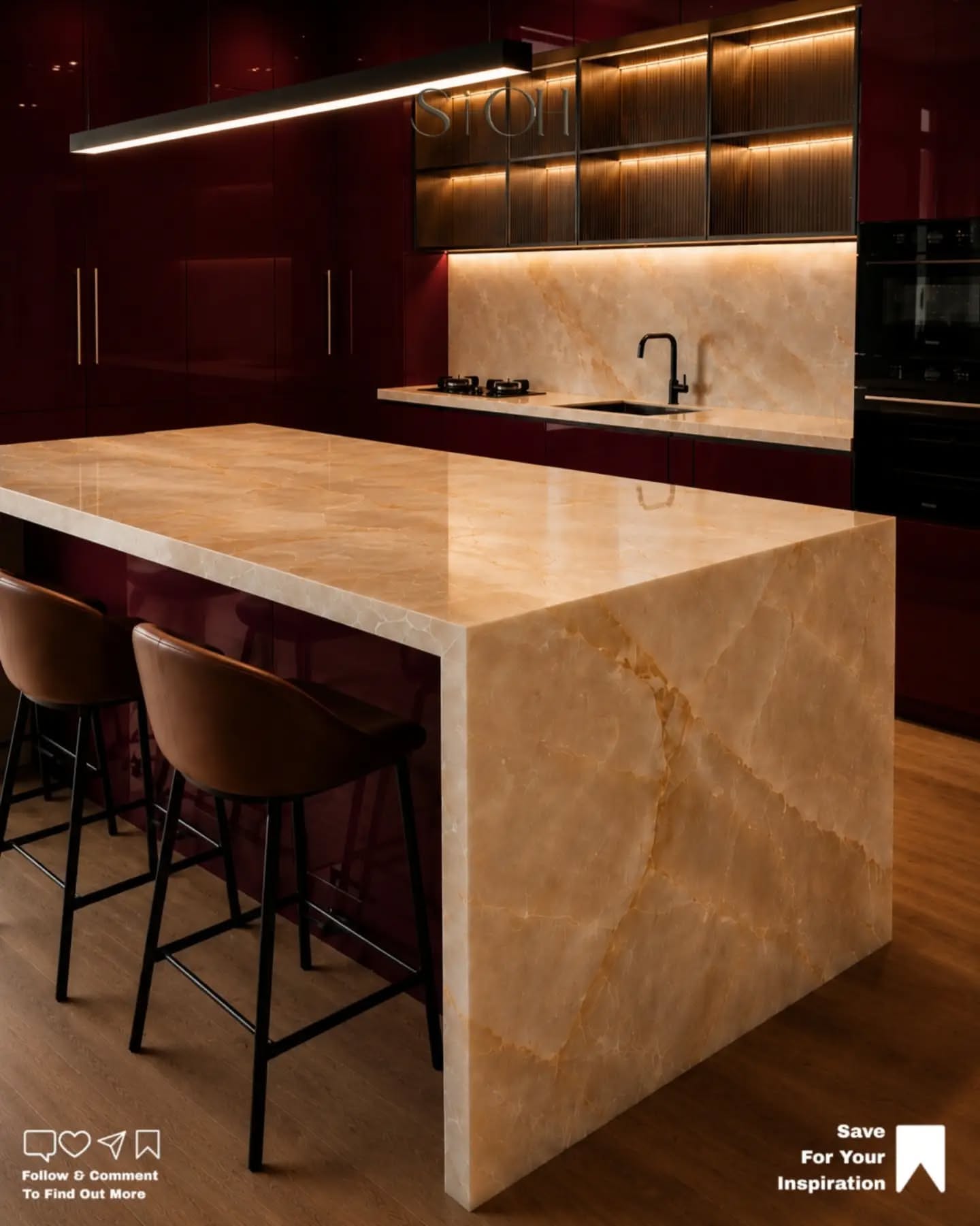 Carousel: Raw concrete room turned into a luxury burgundy and onyx kitchen, slide 16
