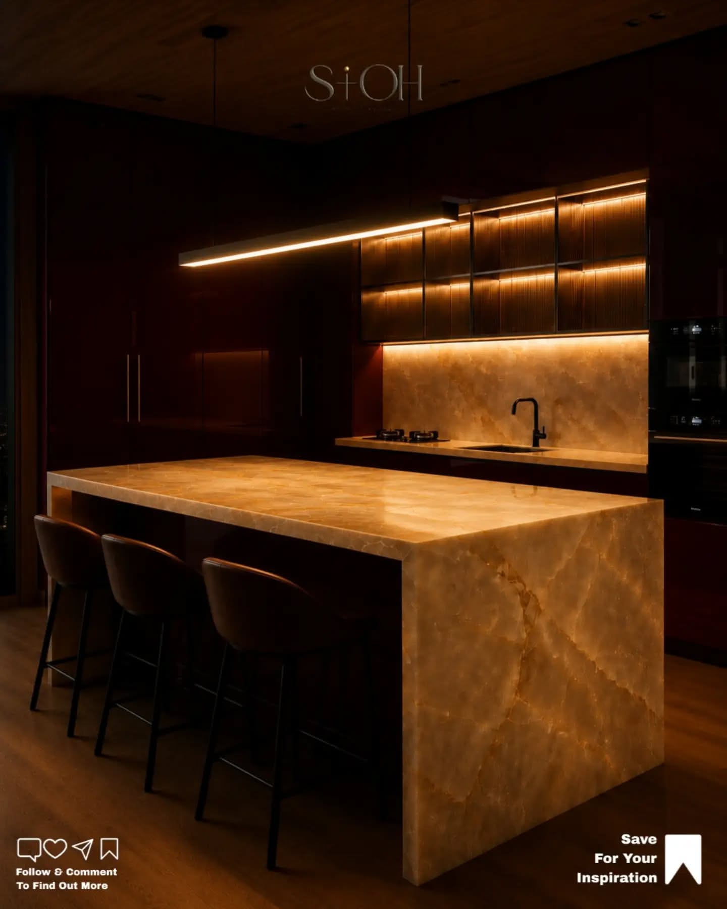Carousel: Raw concrete room turned into a luxury burgundy and onyx kitchen, slide 17