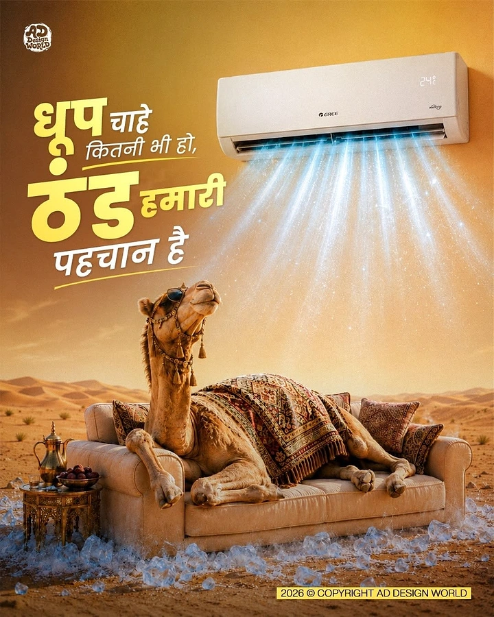 Home Appliances creative ad: Camel lounging on a sofa under an AC in the desert