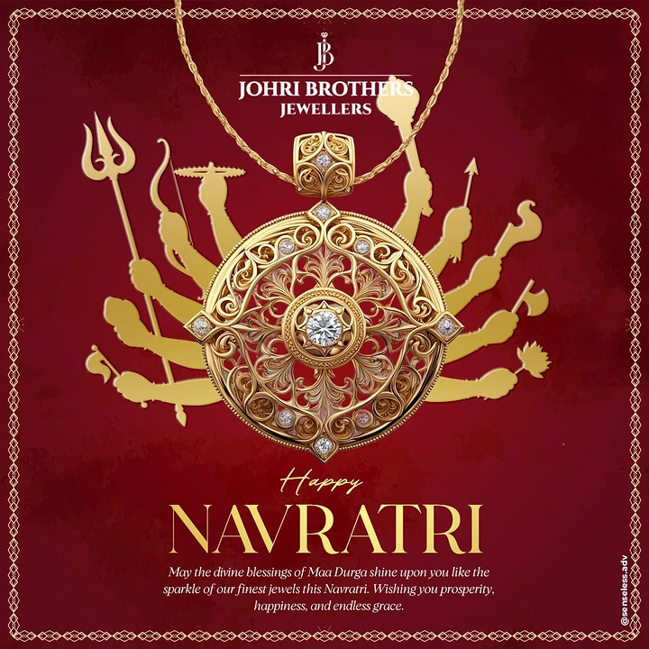 Navratri creative ad: Gold filigree diamond pendant over golden Durga arm silhouettes