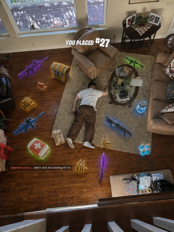 Gaming & Esports creative ad: Living room as battle-royale death scene