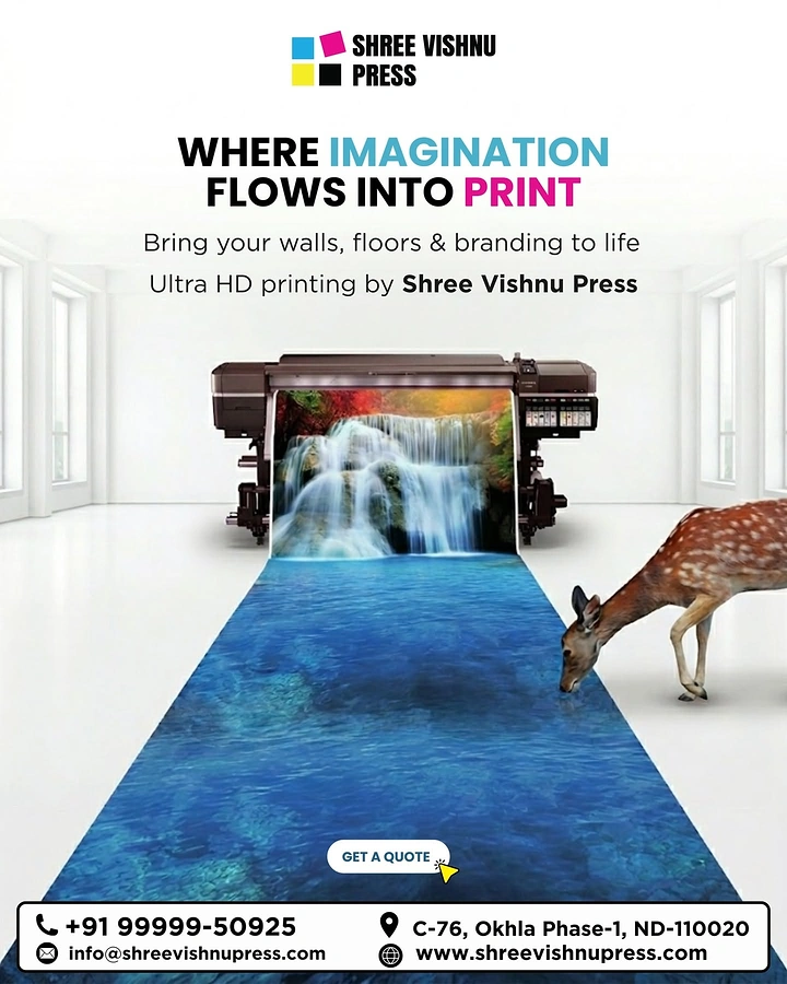 Printing Shops creative ad: Printed waterfall flows into real floor