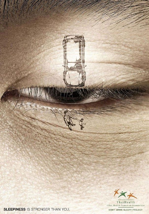 Poster: Drooping eyelid as a car about to crush pedestrians