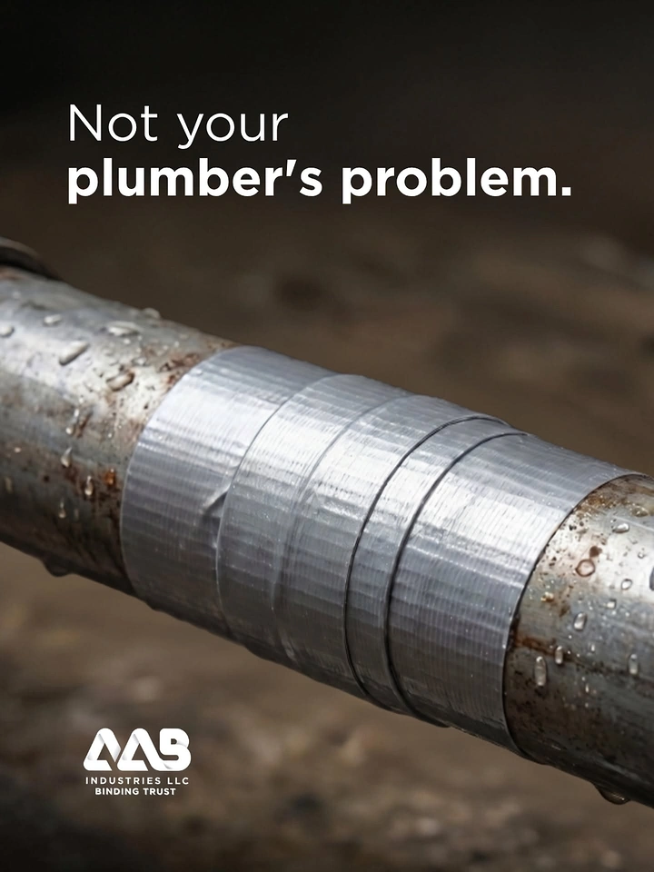 Plumbers creative ad: Duct-taped pipe, witty 'not your problem' copy