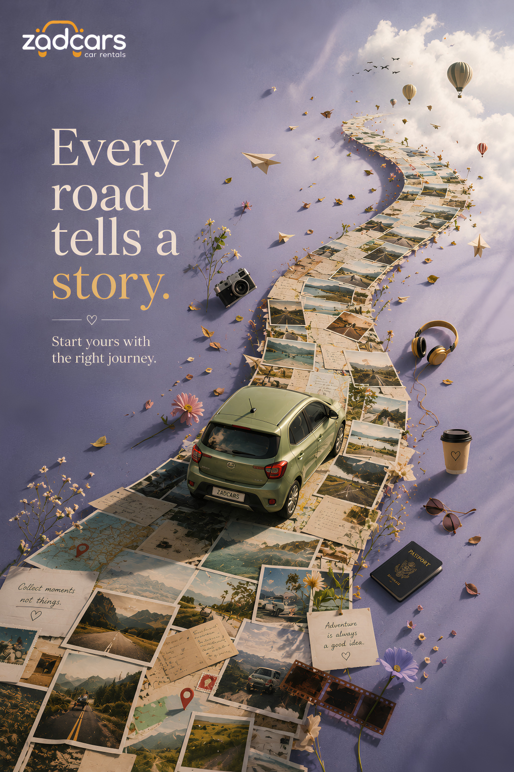 Poster: Car driving along a winding road made of travel photographs