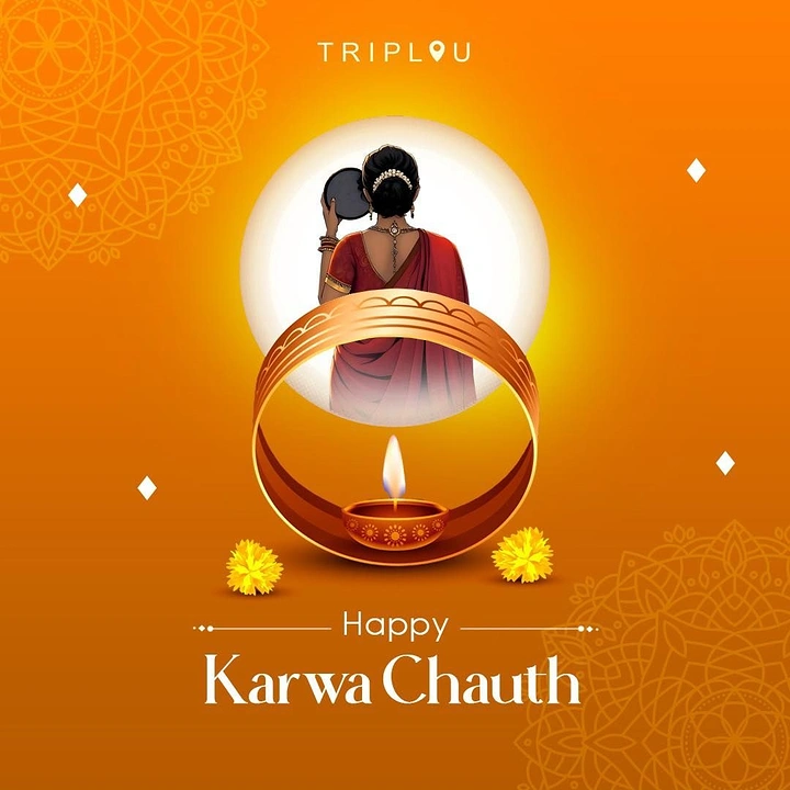 Karwa Chauth creative ad: Back view of a woman in red saree holding a sieve, framed by a golden chalni with a diya