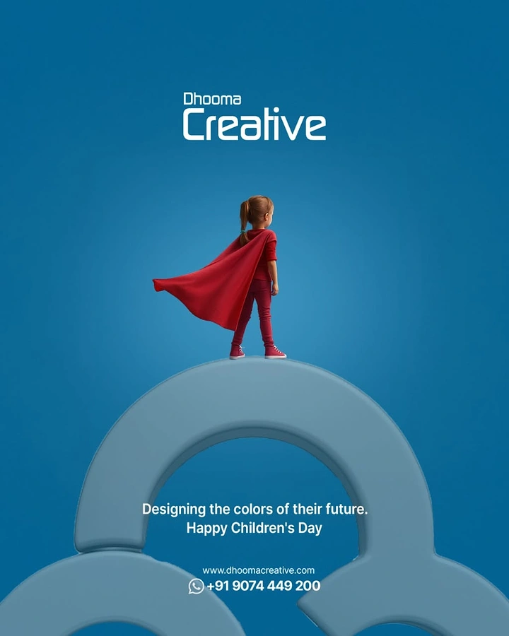 Children's Day creative ad: Girl in red cape standing on a large blue 3D rounded arch shape