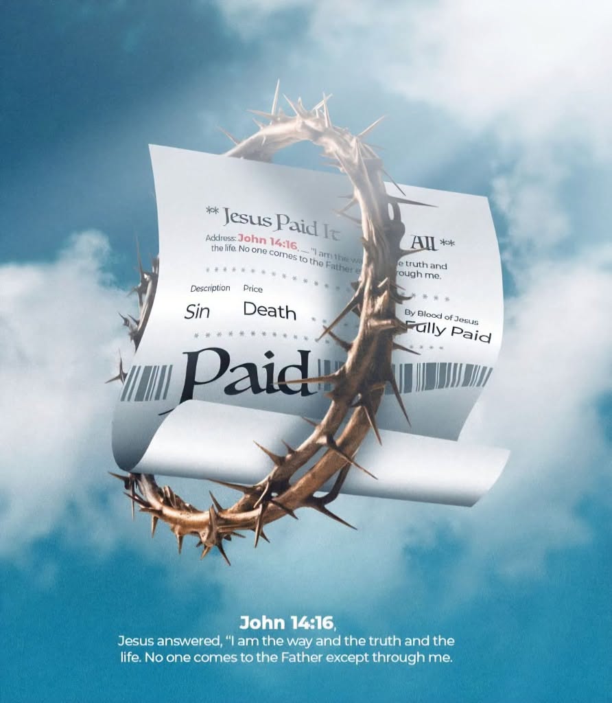 Crown of thorns wrapped through a curling 'Paid' receipt floating in clouds