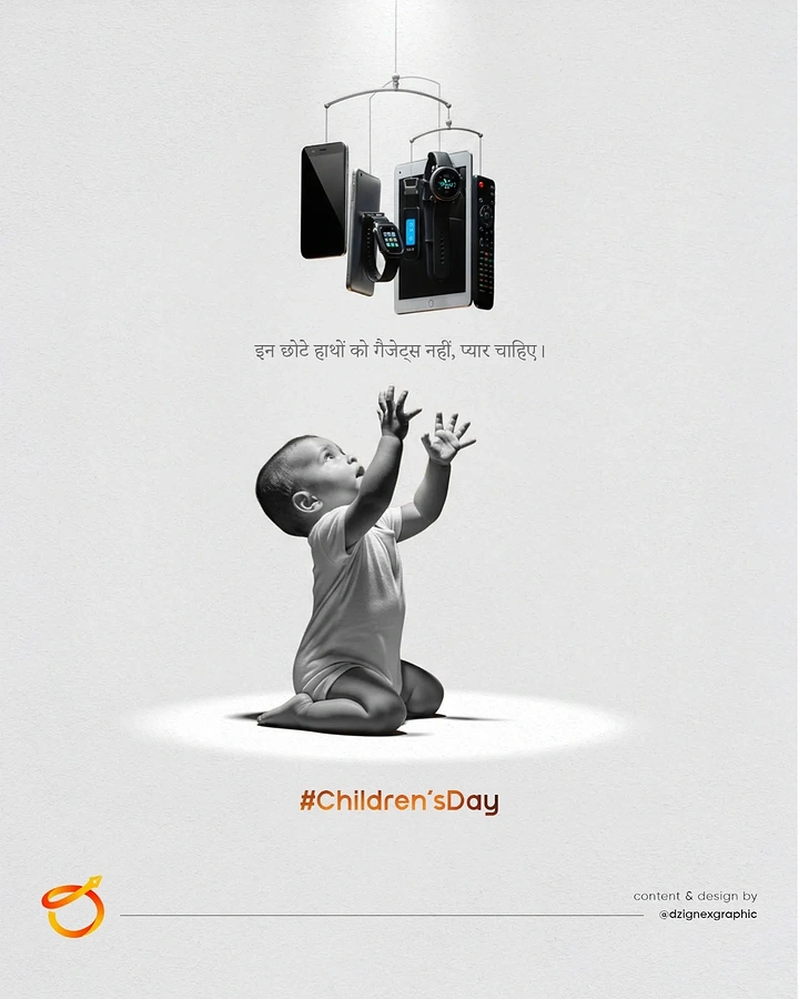 Children's Day creative ad: Baby reaching up toward a crib mobile hung with gadgets