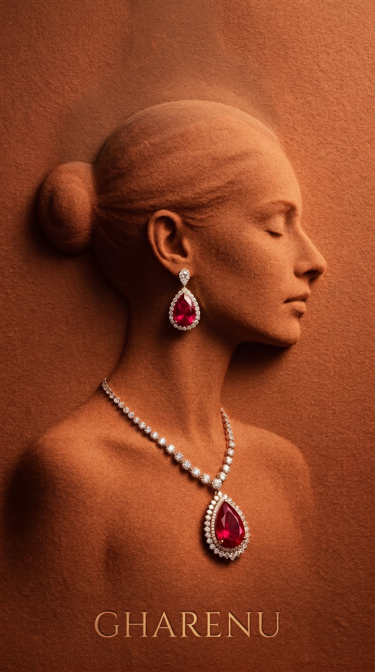 Story: Terracotta relief of a woman's profile wearing a real ruby-diamond necklace and earring