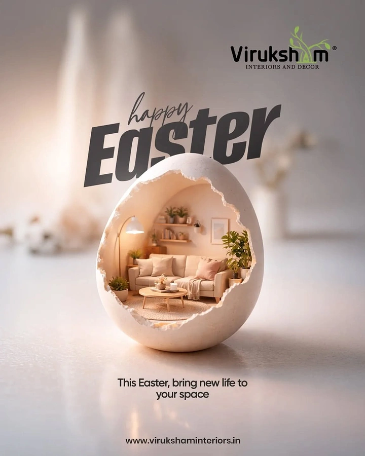 Easter creative ad: Miniature cosy living room inside a cracked white eggshell