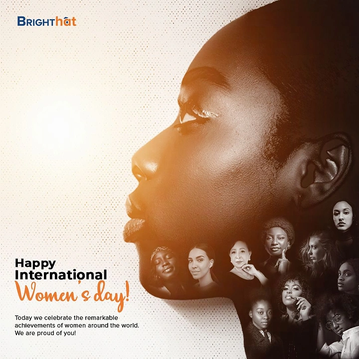Women's Day creative ad: Woman's side profile with a collage of diverse women's portraits in the neck