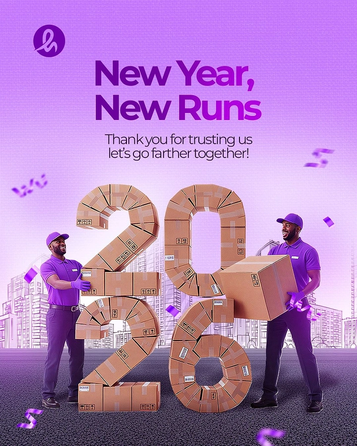 New Year creative ad: Two uniformed couriers building 2026 from cardboard boxes