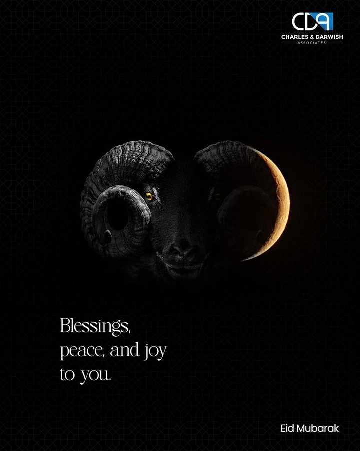 Eid creative ad: Black ram face merging with a glowing crescent moon