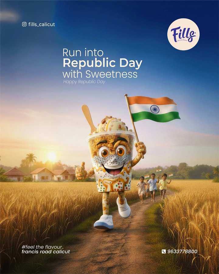 Republic Day creative ad: Ice cream cup mascot running with an Indian flag through fields