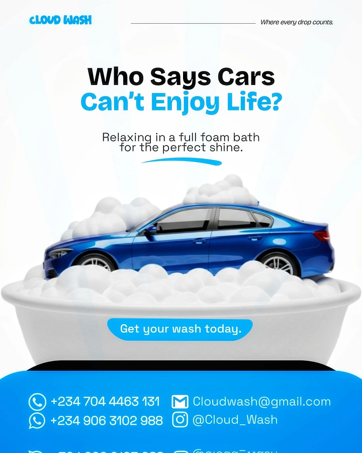 Car Wash & Detailing creative ad: Car relaxing in foam bathtub metaphor